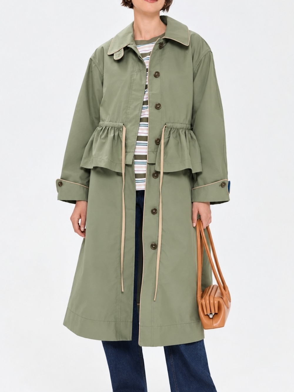 Damson Madder Myrtle Convertible Trench Coat Sage Green Peplum Frill - Picture 2 of 4